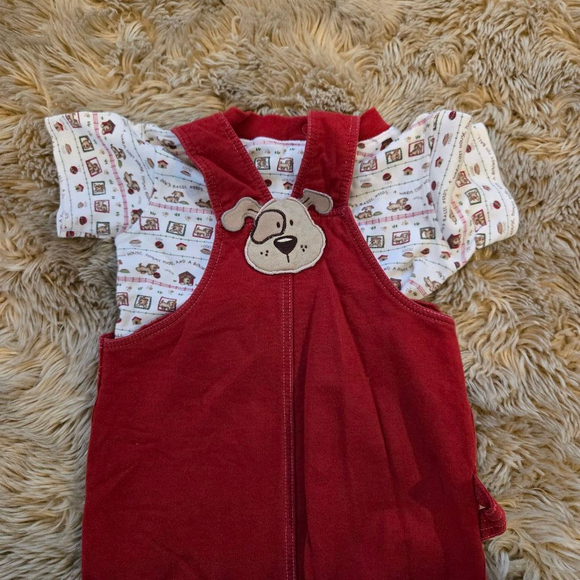 Vintage Two Piece Health Tex Baby Boys Red Puppy Dog Bodysuit Overalls set - Picture 5 of 6